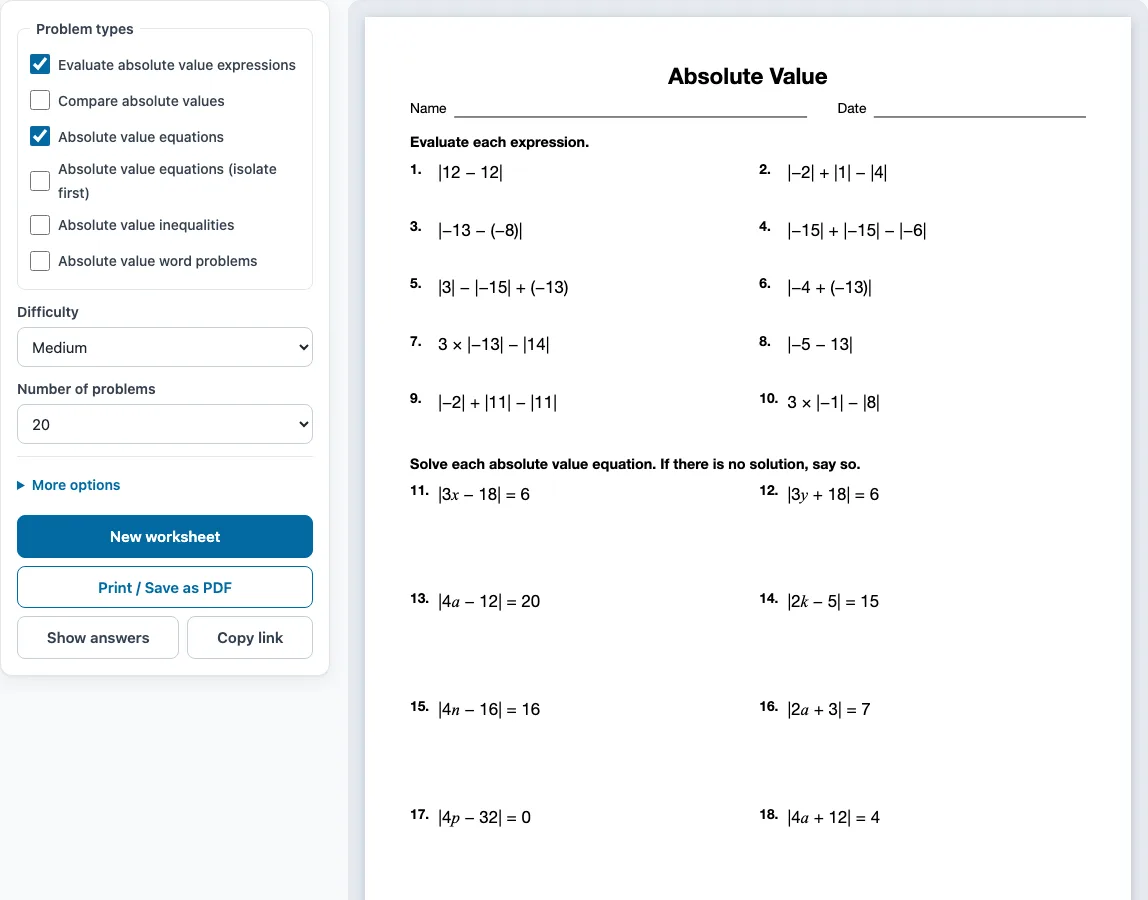 Absolute value worksheets example