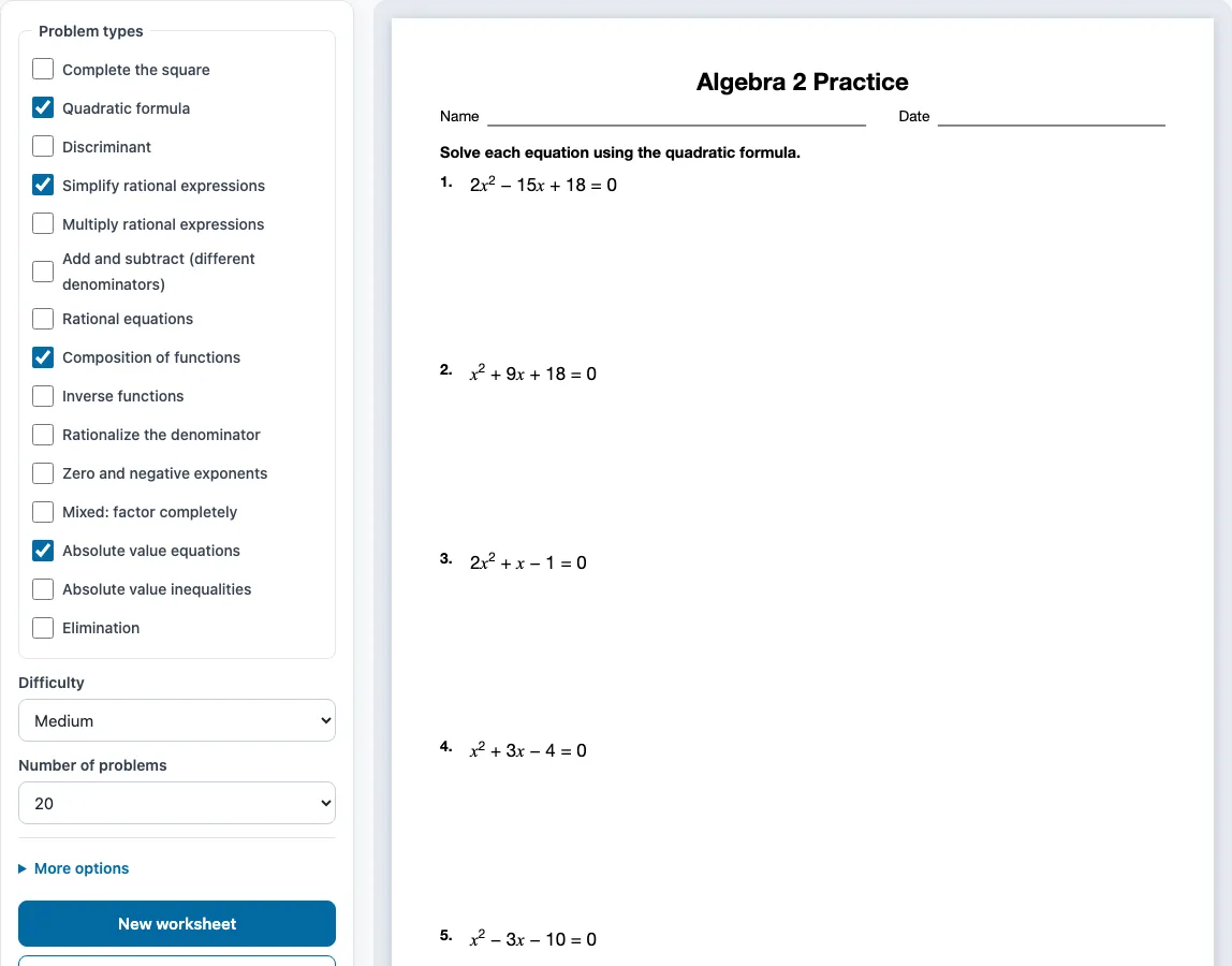 Algebra 2 worksheets example