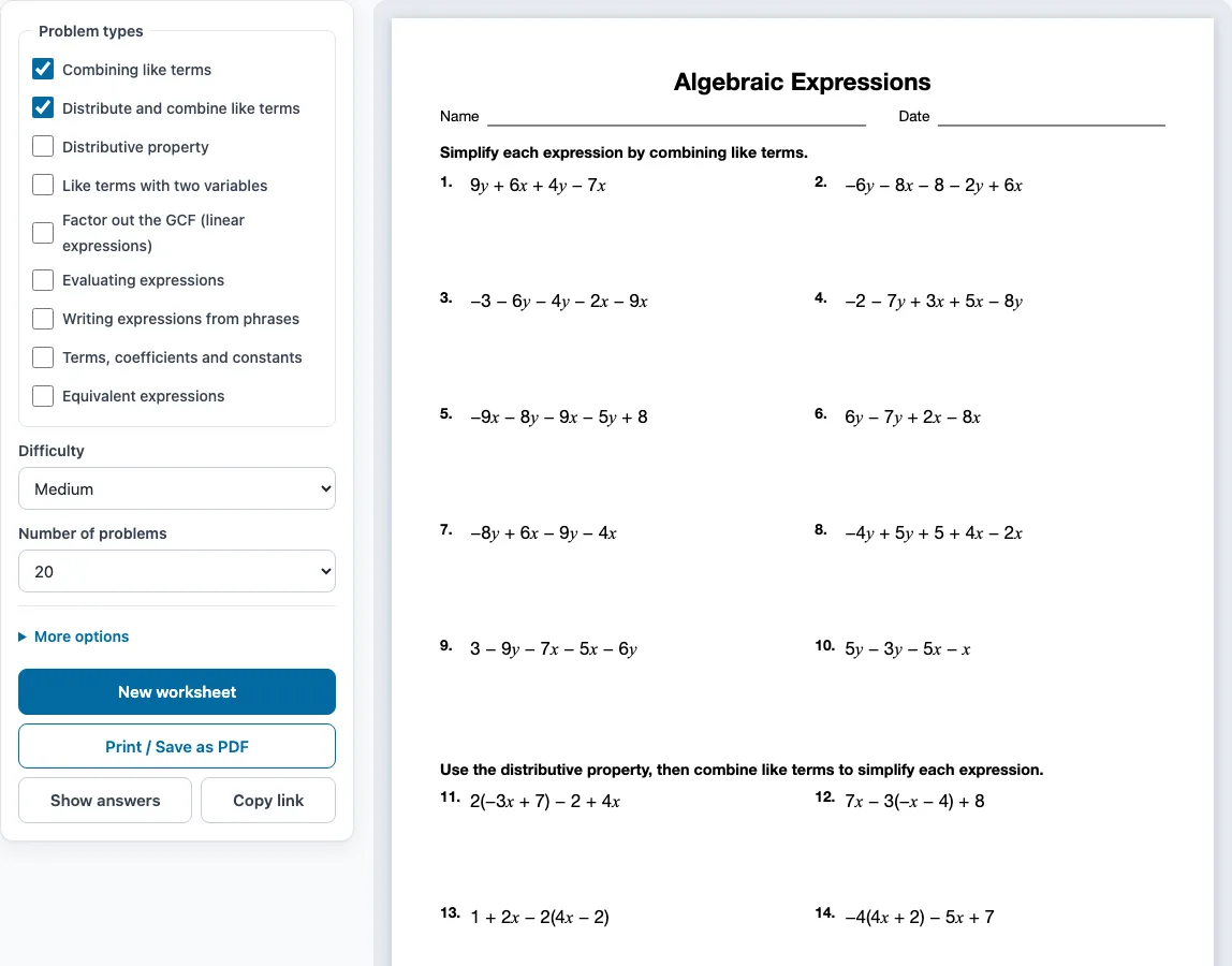 Algebraic expressions worksheets example