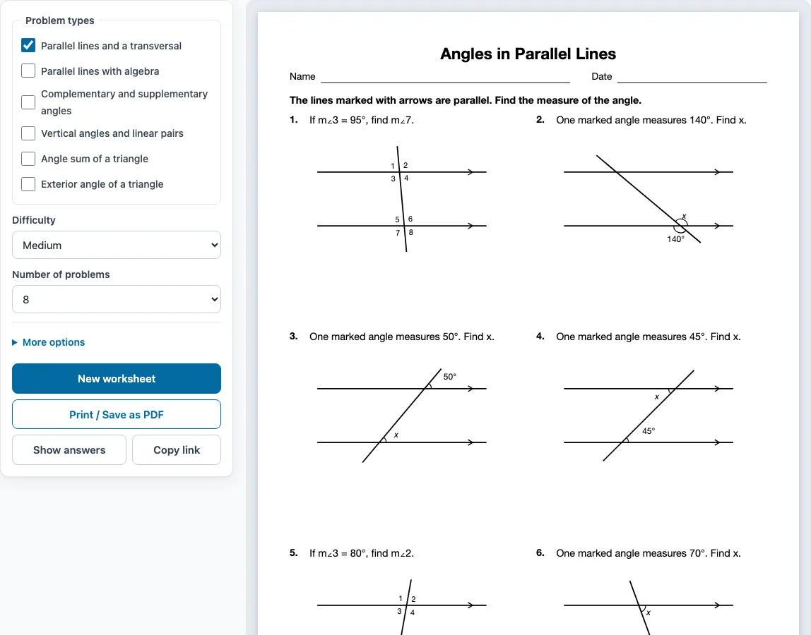 Angles in parallel lines worksheet example