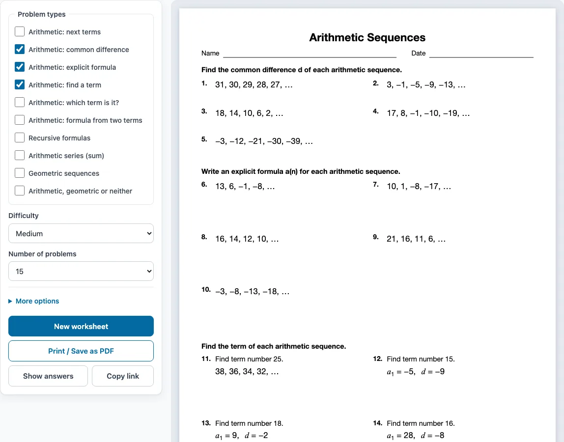 Arithmetic sequence worksheet example