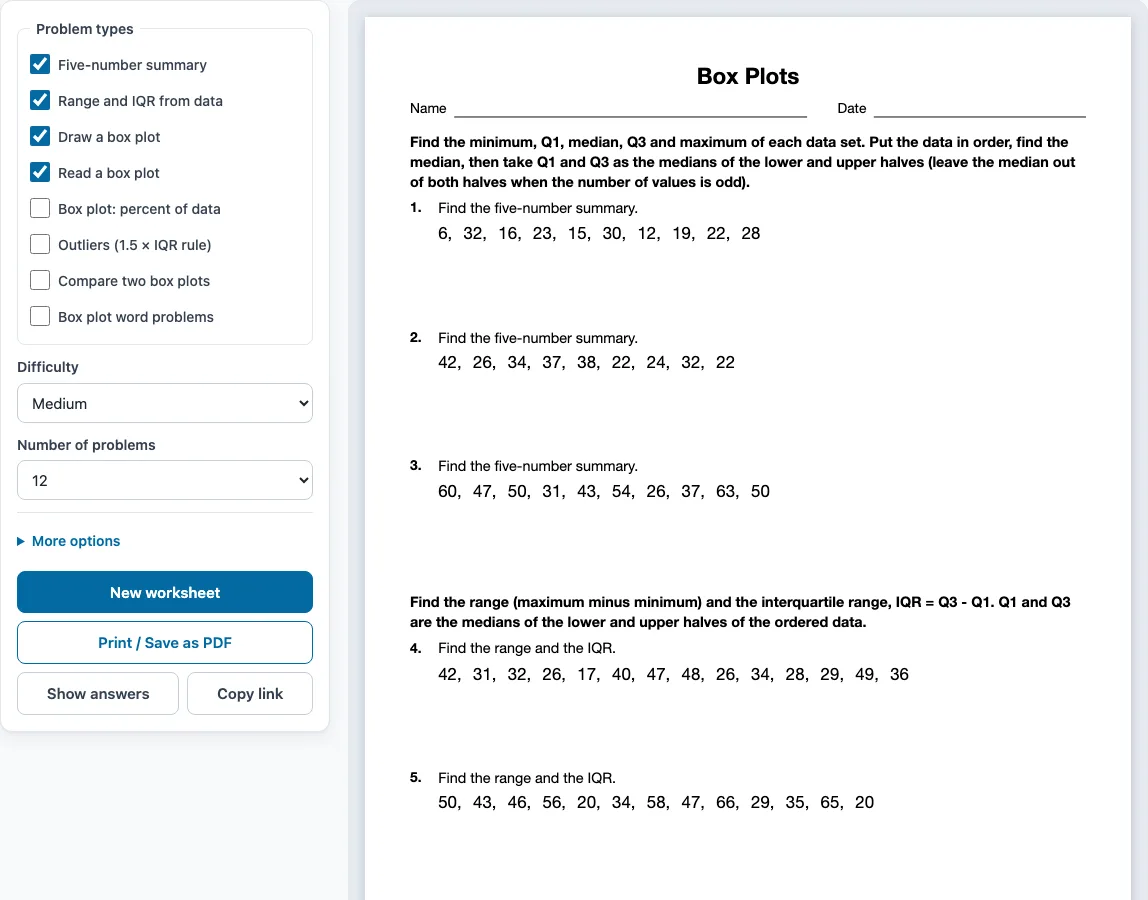 Box plot worksheet example