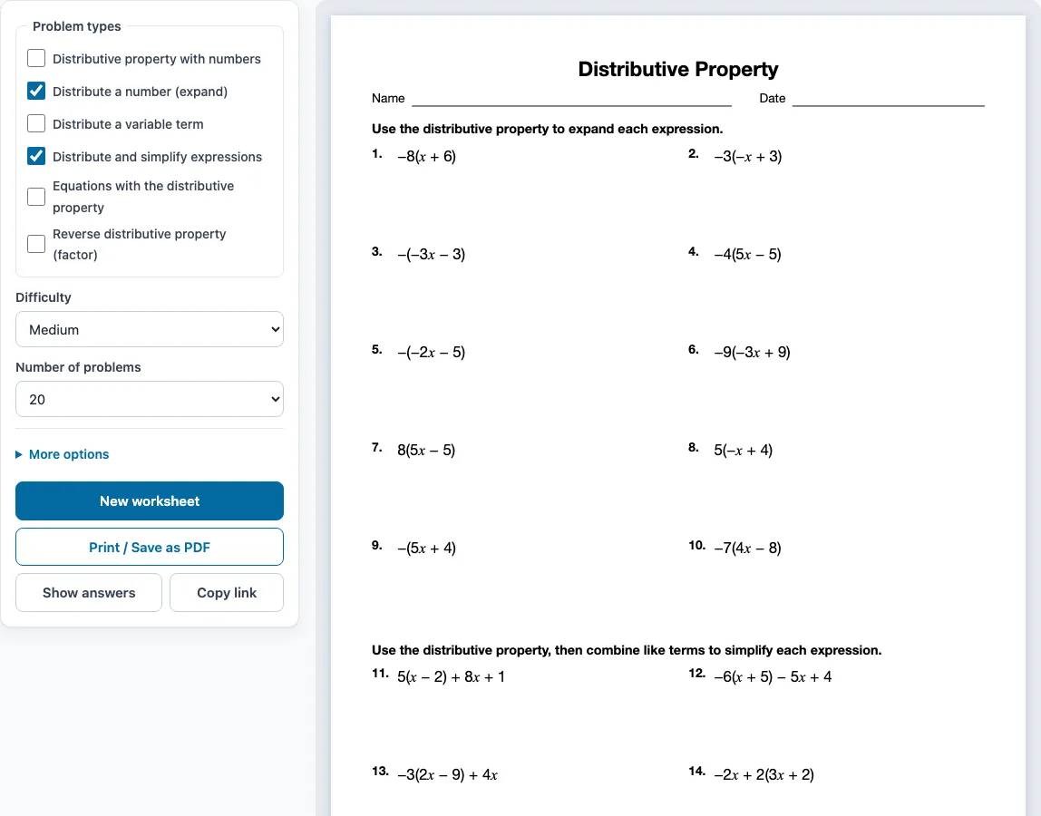 Distributive property worksheet example