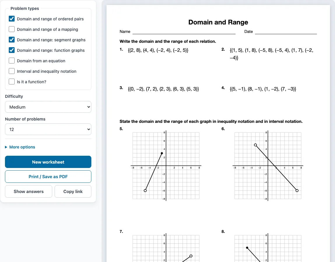 Domain and range math worksheets example