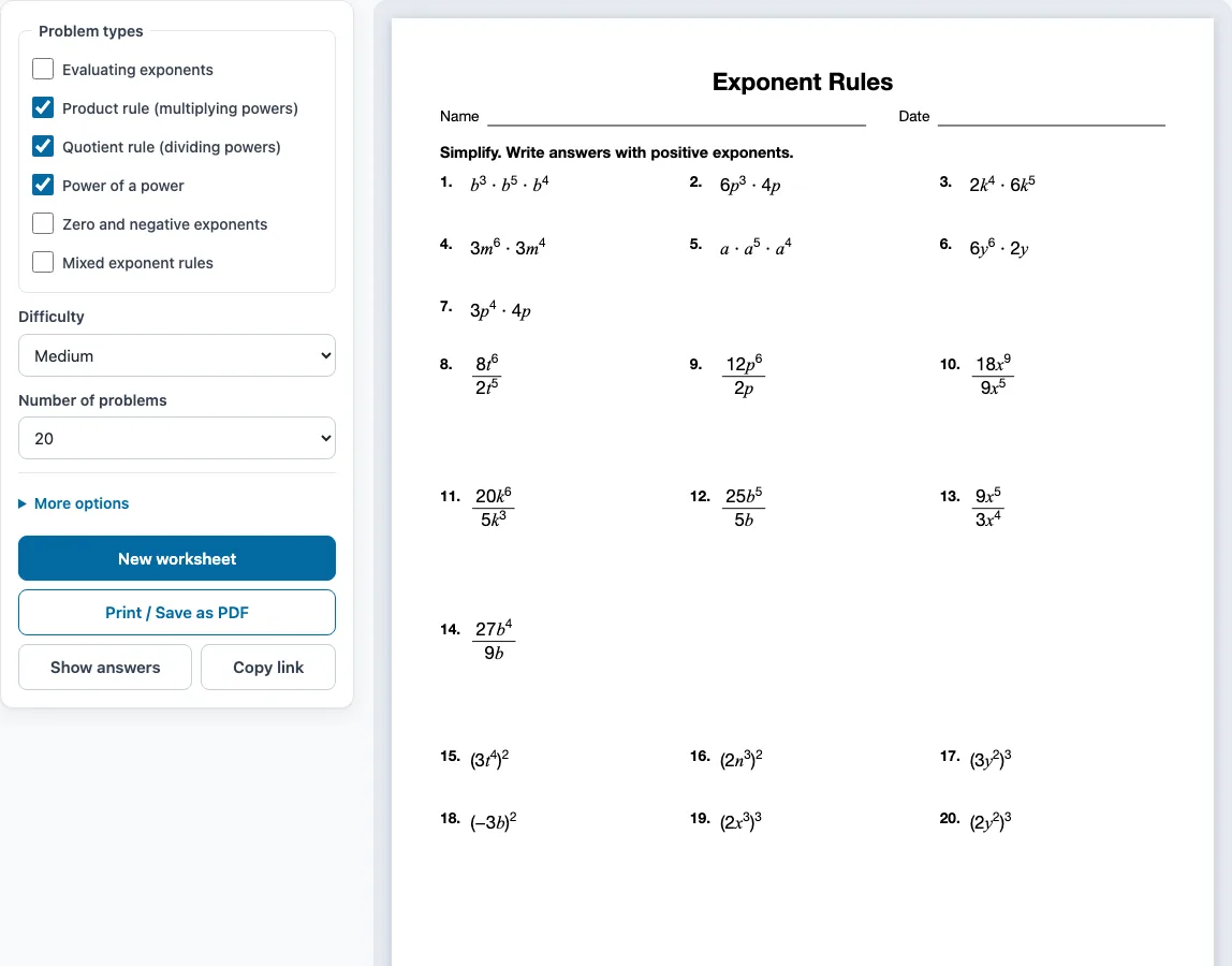 Exponents worksheets example