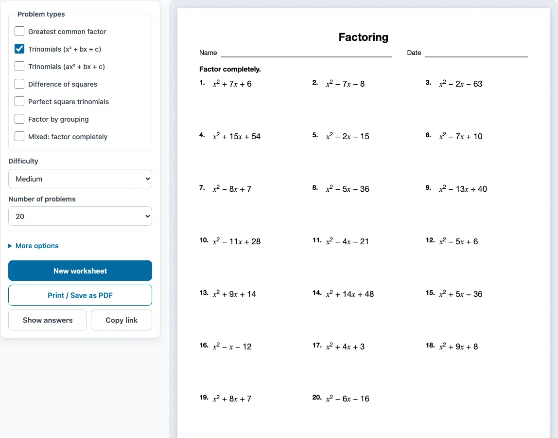 Factoring worksheets example