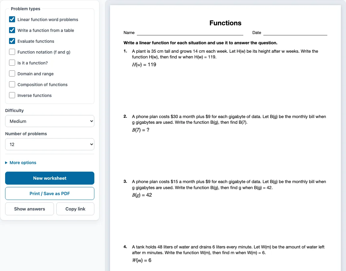 Linear functions word problems example