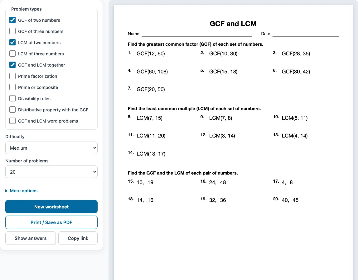 Gcf and lcm worksheet example