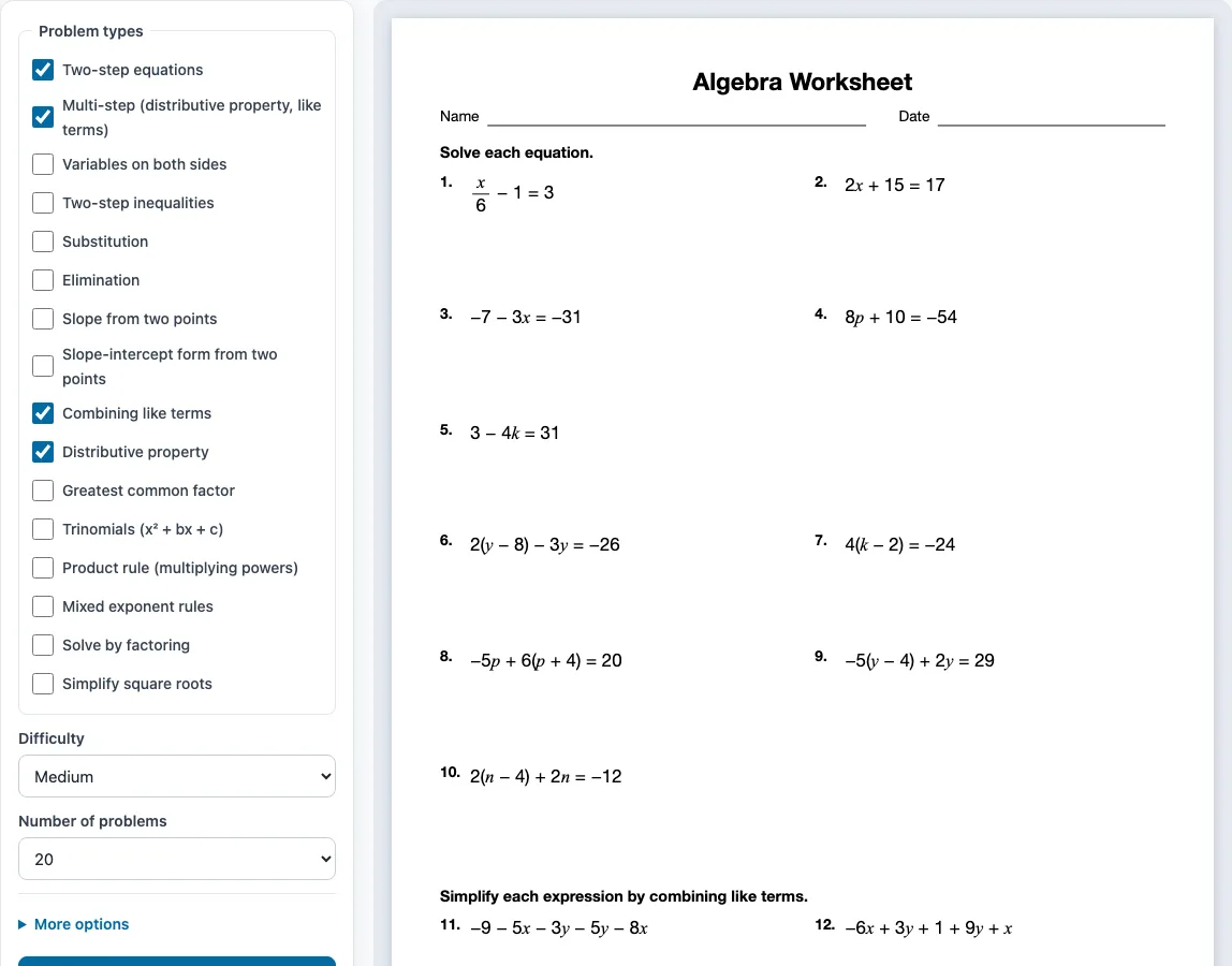 Algebra worksheets example