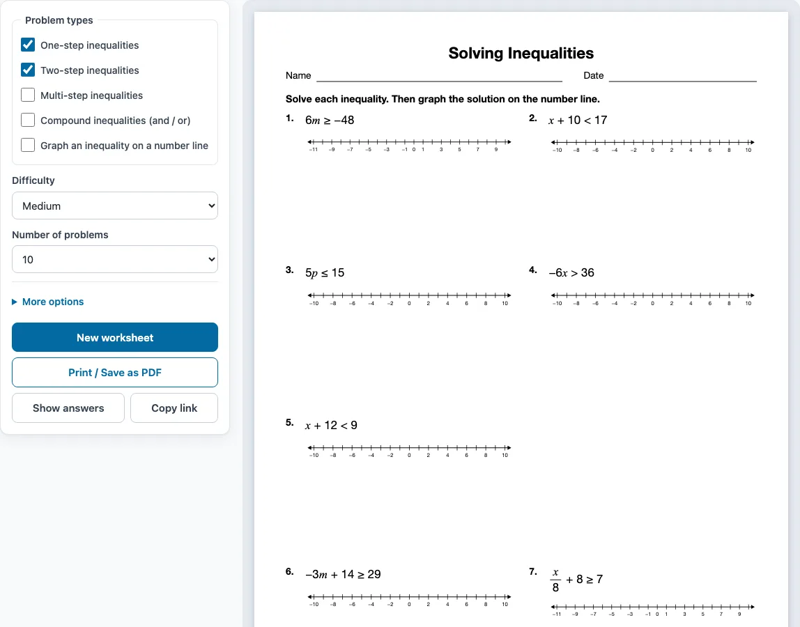Worksheet on inequalities example