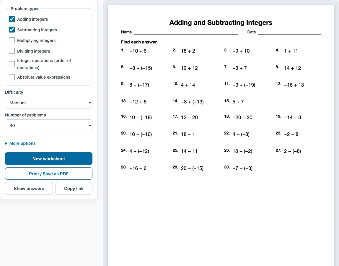 Integers worksheet example