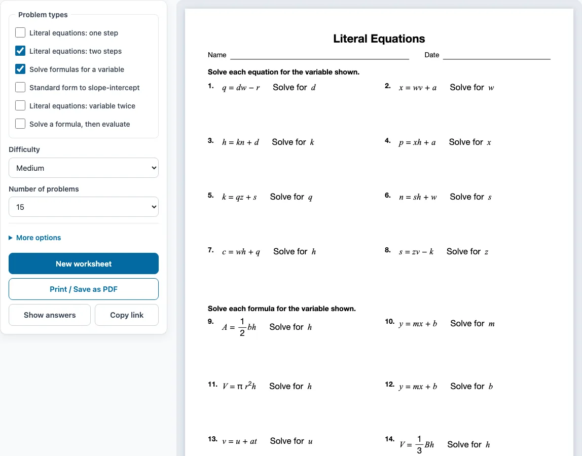 Literal equations worksheet example