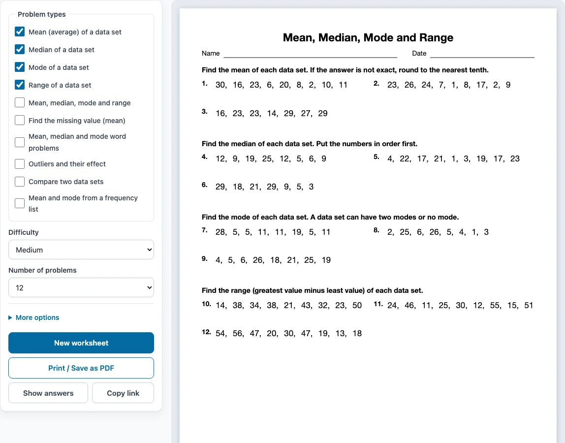 Mean median mode range worksheet example