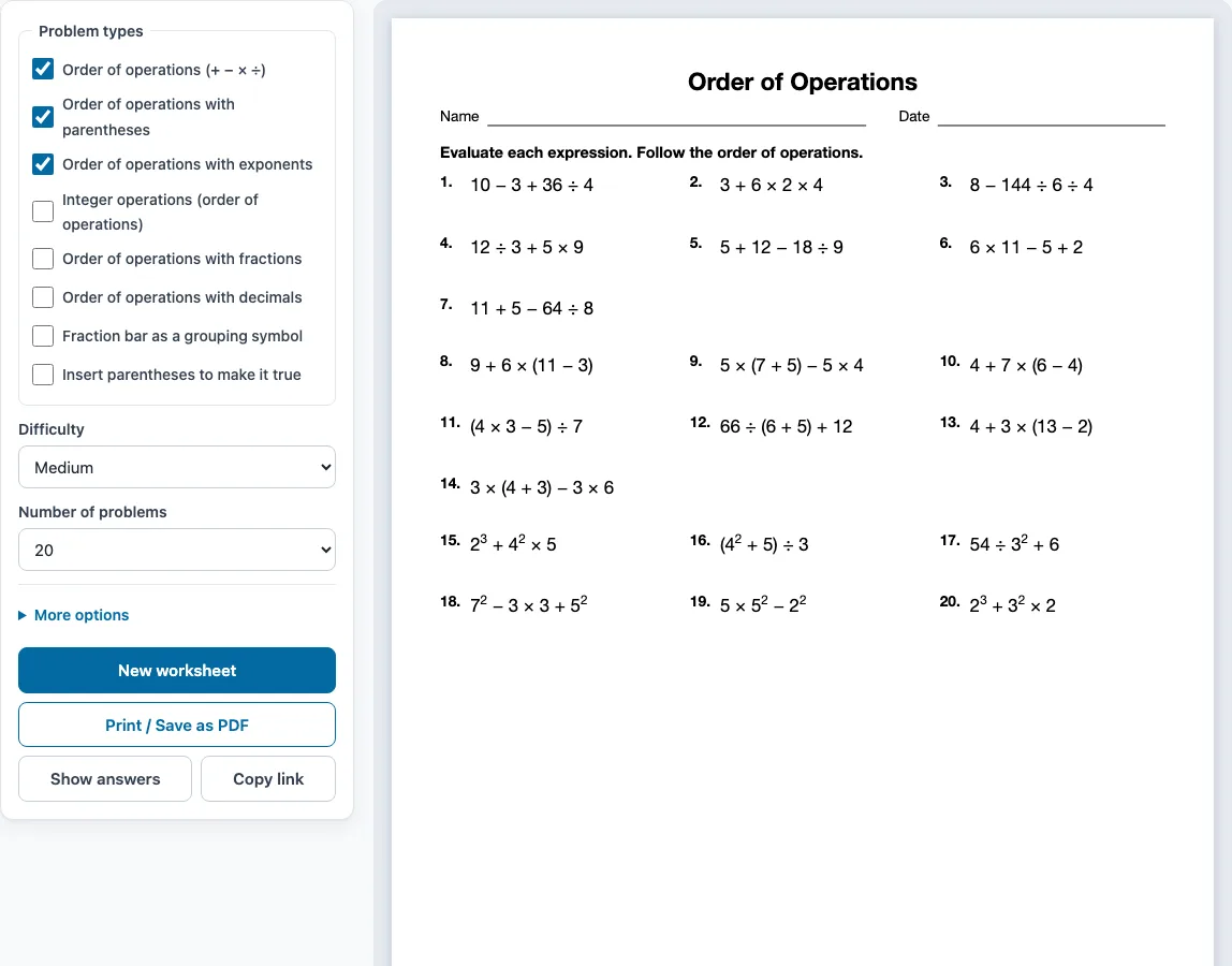 Order of operations worksheet example