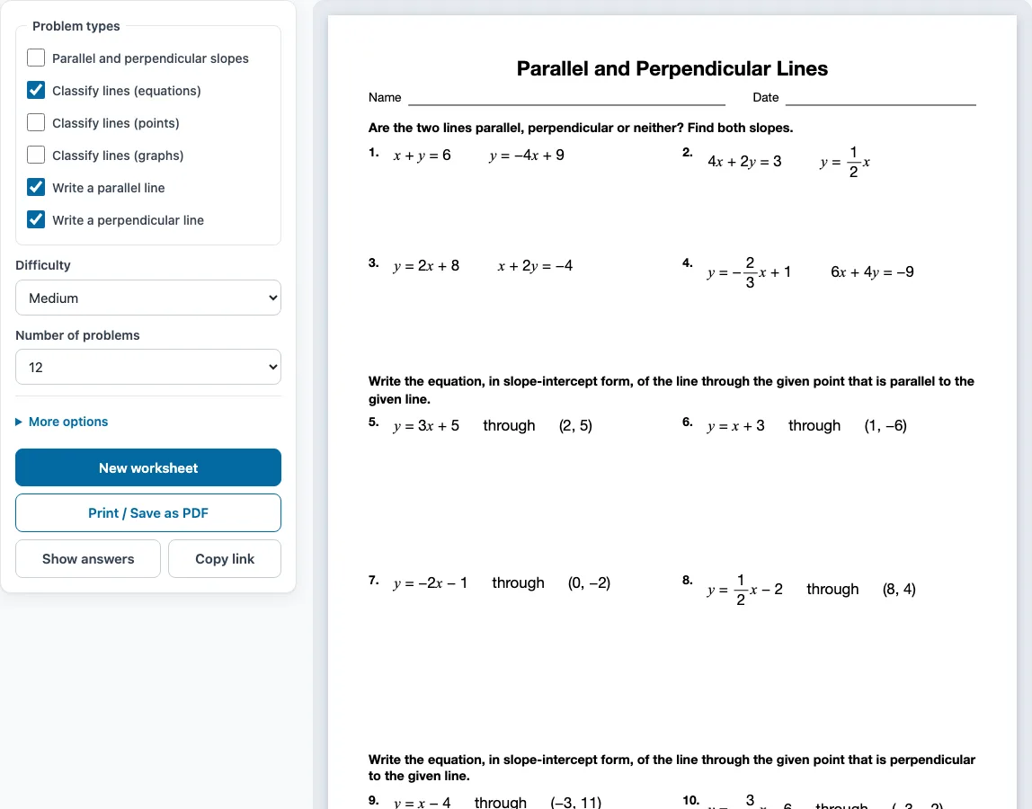 Parallel & perpendicular lines worksheet example