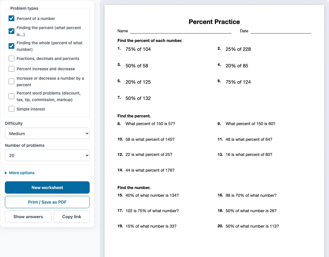Percent worksheets example