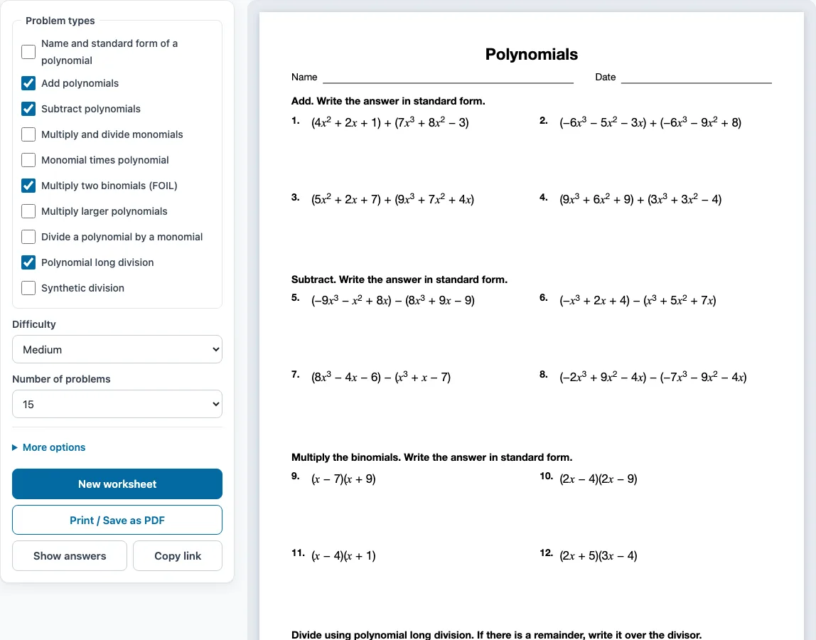 Divide polynomials worksheet example