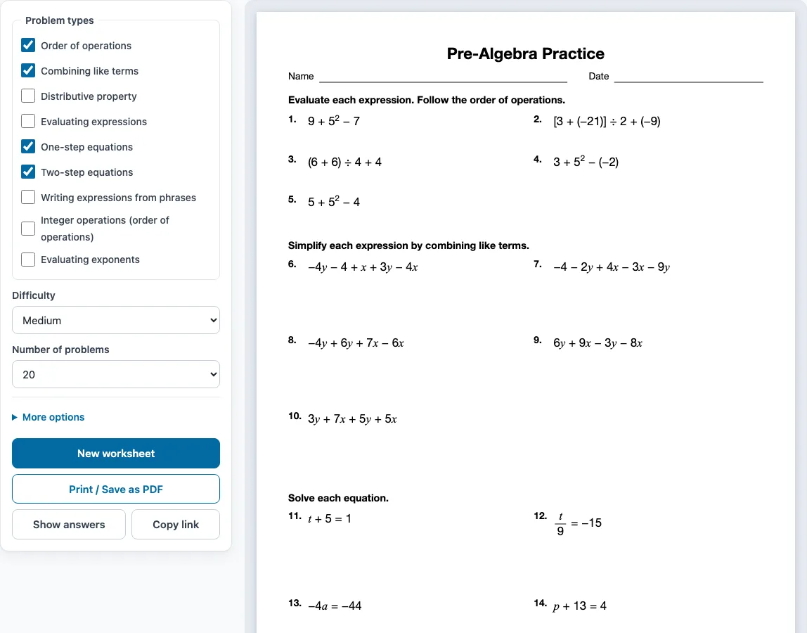 Pre algebra worksheets example
