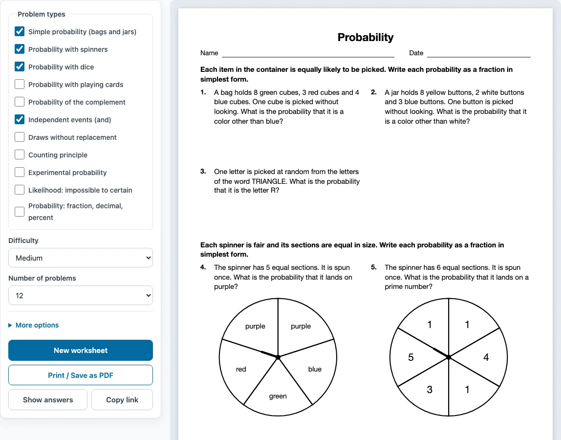 Probability worksheets example