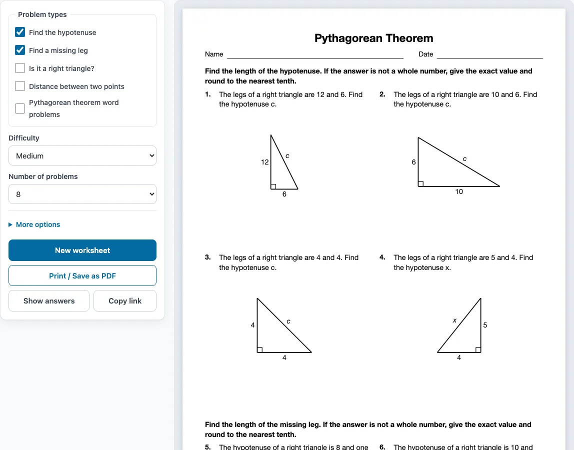 Pythagorean theorem worksheet example