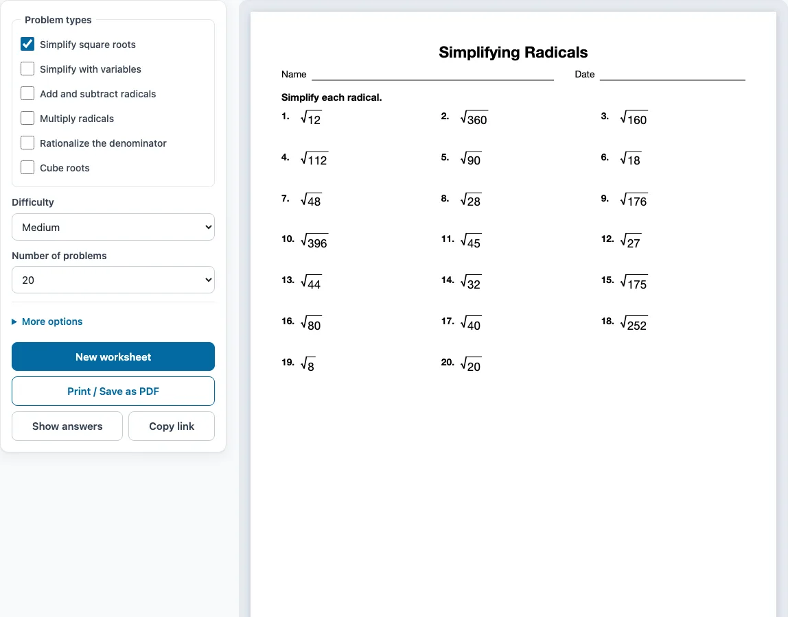 Radical simplification worksheet example