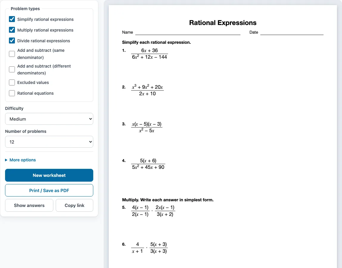 Rational expression worksheets example
