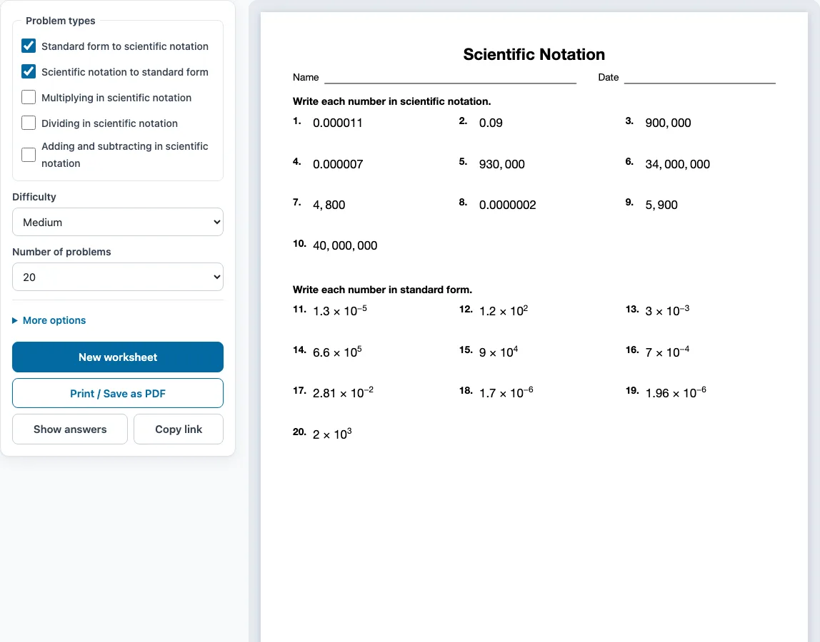 Scientific notation worksheets example