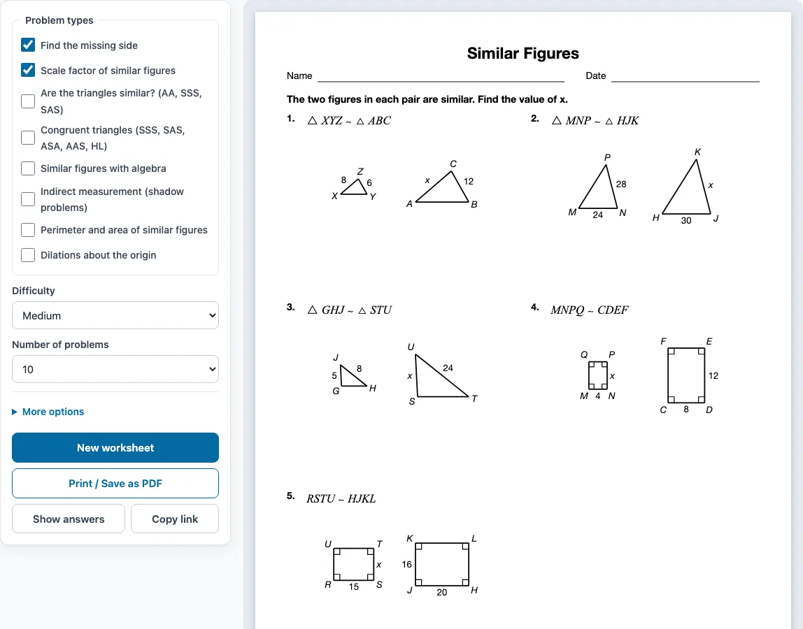 Similar shape worksheet example