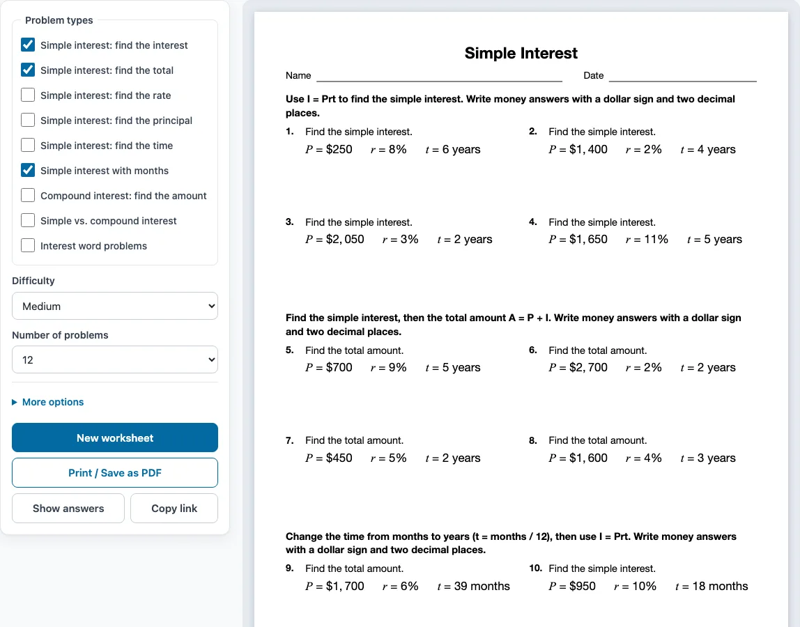 Simple interest worksheet example