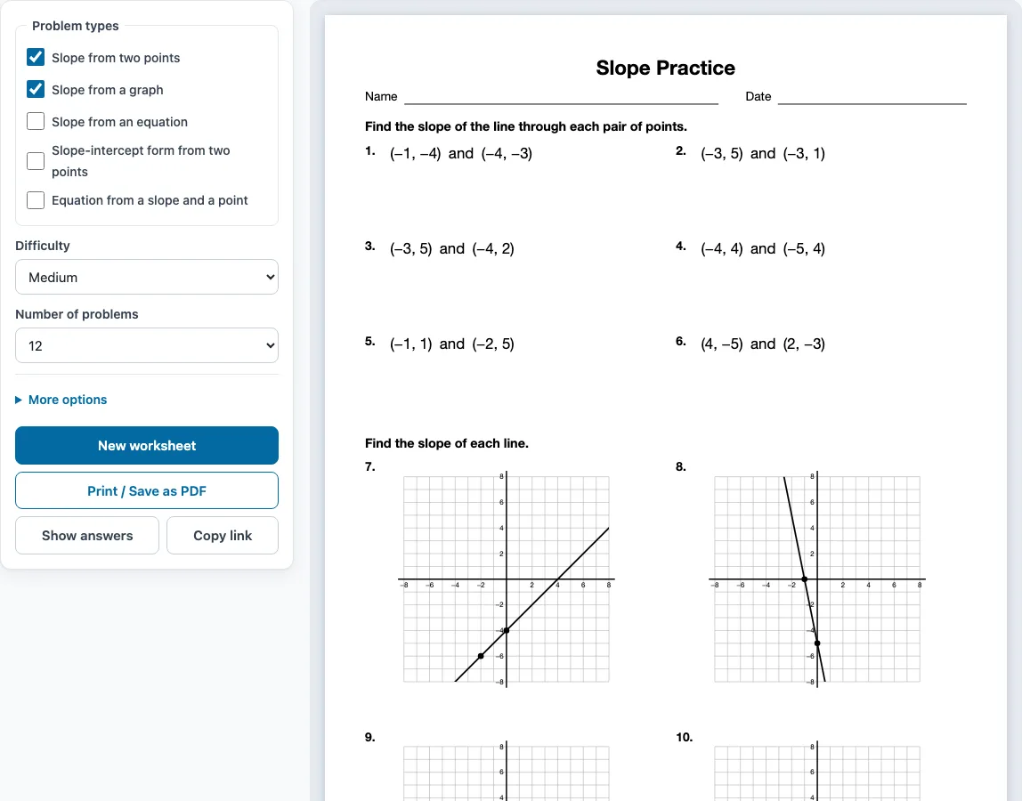 Slope practice worksheet example