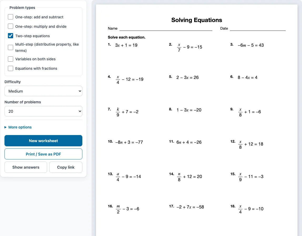 Solving equations with variables on both sides worksheets pdf example