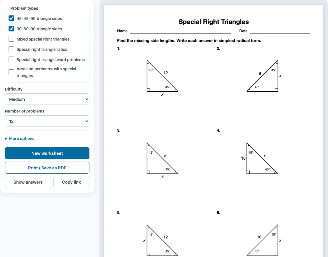 Special right triangles worksheet example