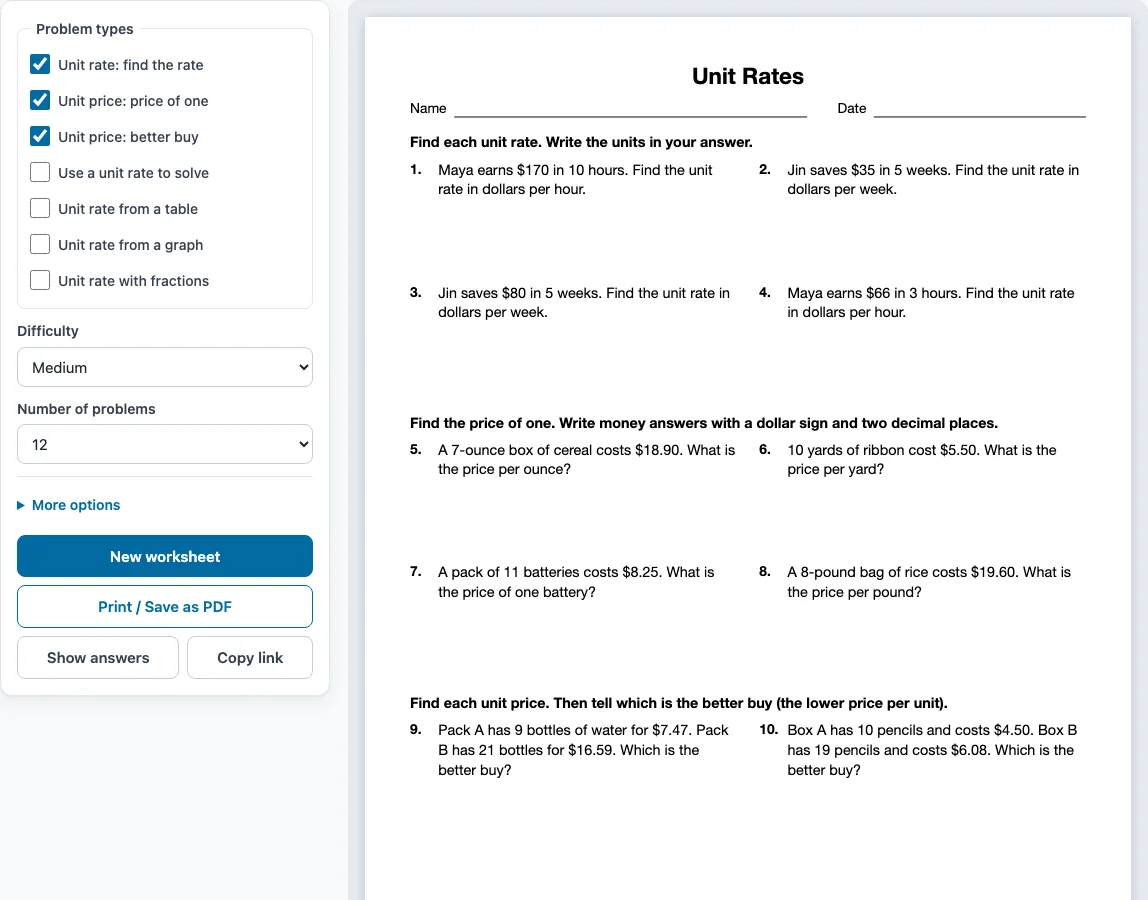 Unit rate worksheet example