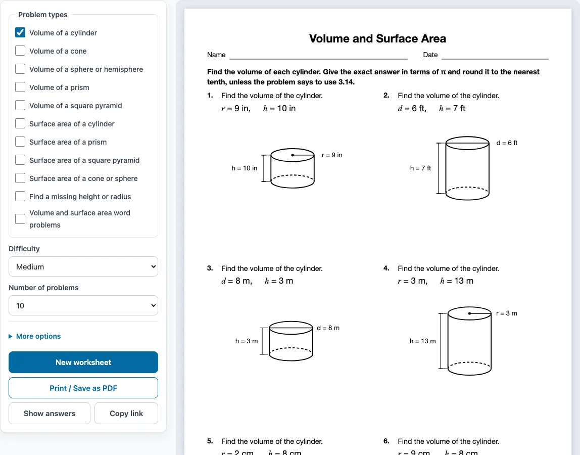Cylinder volume questions example