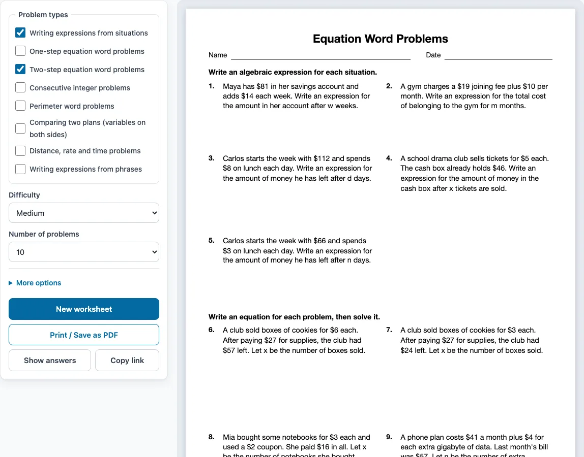 Linear expression word problems example